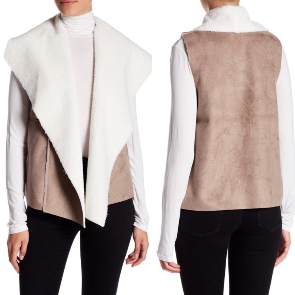 Susina M Drape Front Open Shearling Lined Light Brown Vest Faux Fur